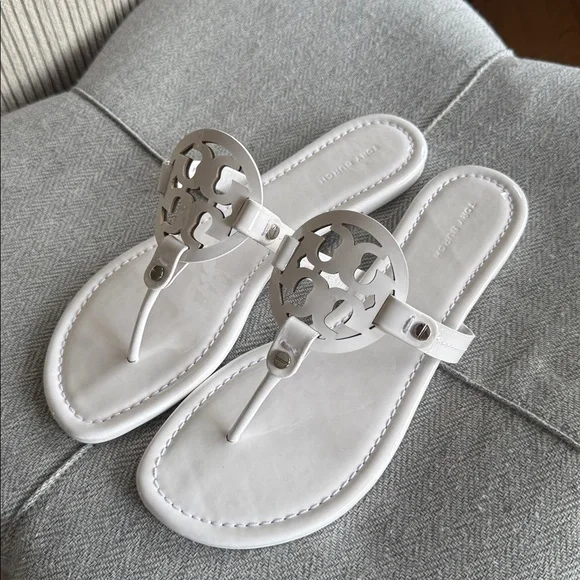 Tory Burch White Miller Logo Thong Sandals - Signature Cutout - Picture 3 of 5